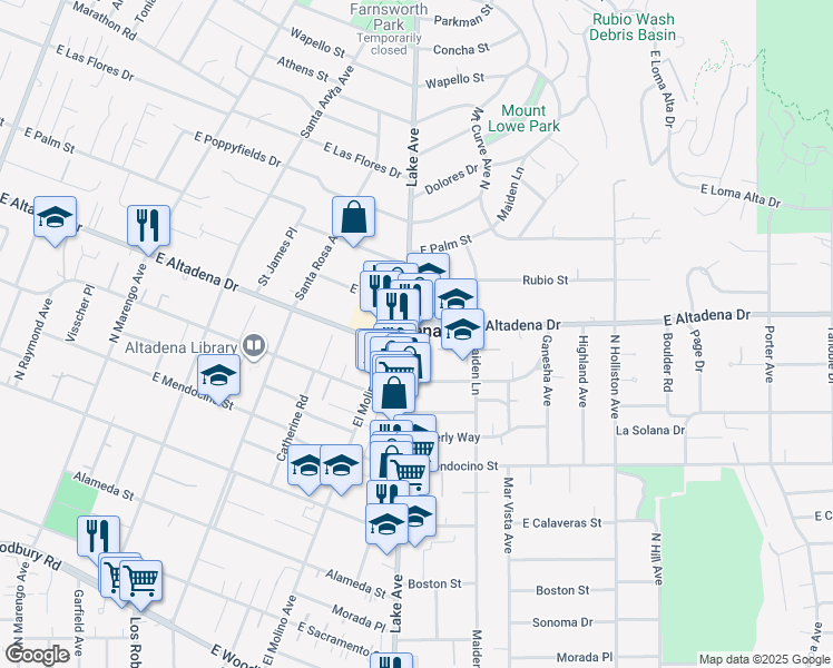 map of restaurants, bars, coffee shops, grocery stores, and more near 912 East Altadena Drive in Altadena