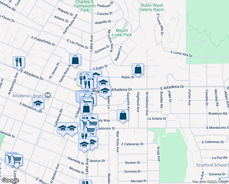 map of restaurants, bars, coffee shops, grocery stores, and more near 1108 East Altadena Drive in Altadena