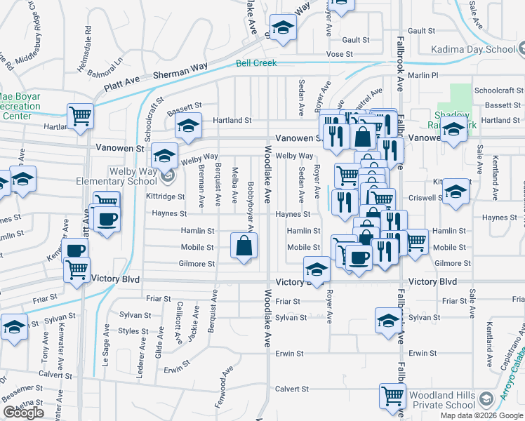 map of restaurants, bars, coffee shops, grocery stores, and more near 6601 Woodlake Avenue in Los Angeles