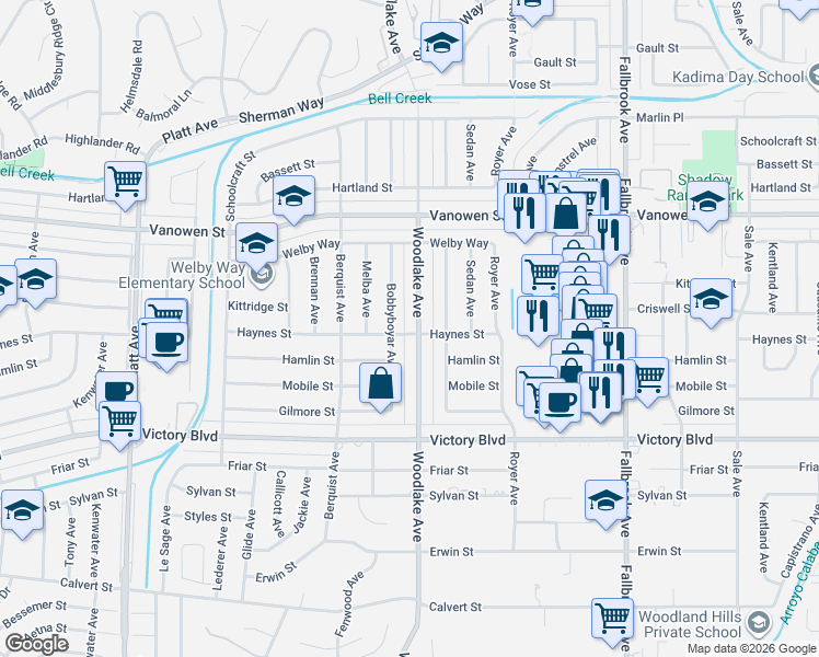 map of restaurants, bars, coffee shops, grocery stores, and more near 6601 Woodlake Avenue in Los Angeles