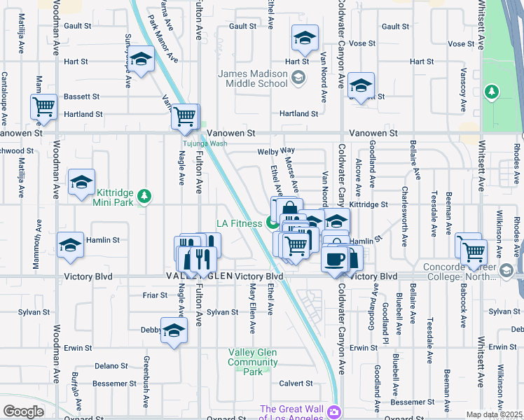 map of restaurants, bars, coffee shops, grocery stores, and more near 13118 Kittridge Street in Los Angeles