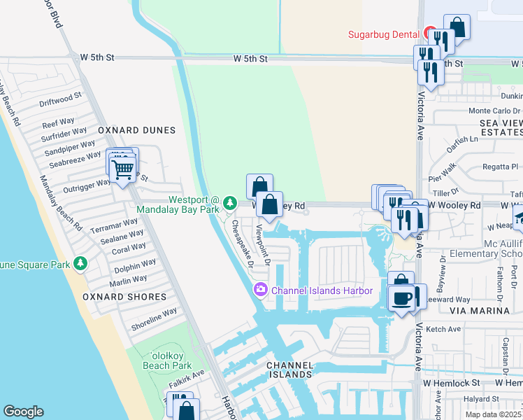 map of restaurants, bars, coffee shops, grocery stores, and more near 4320 Tradewinds Drive in Oxnard