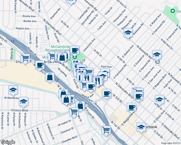 map of restaurants, bars, coffee shops, grocery stores, and more near 1200 North 3rd Street in Burbank