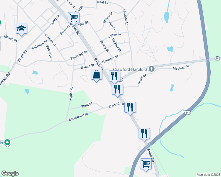 map of restaurants, bars, coffee shops, grocery stores, and more near 573 South Elm Street in Commerce