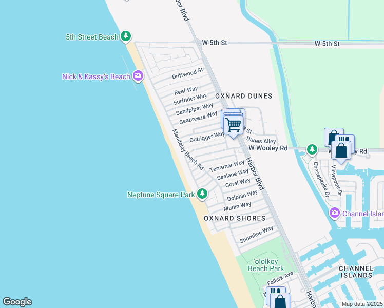 map of restaurants, bars, coffee shops, grocery stores, and more near 5275 West Wooley Road in Oxnard