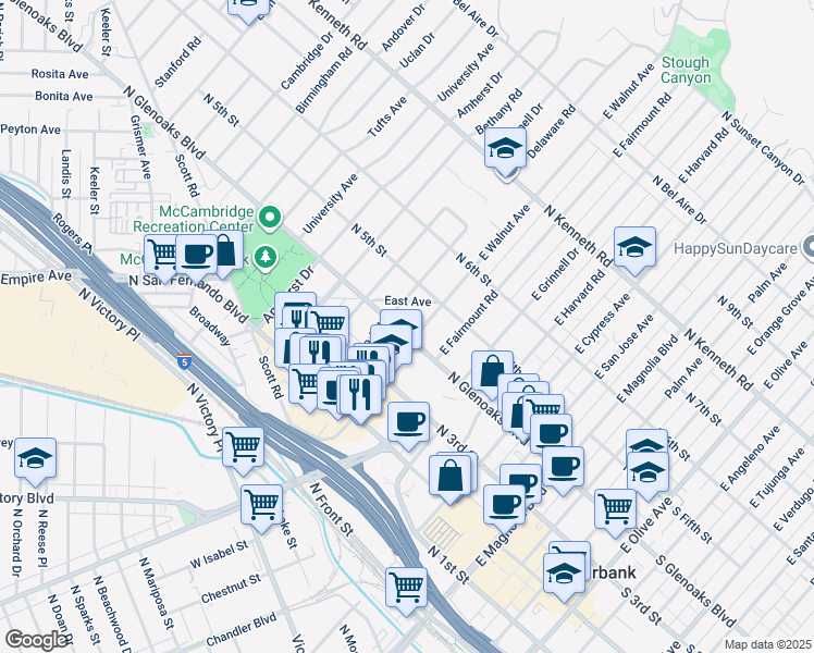 map of restaurants, bars, coffee shops, grocery stores, and more near 1008 North Glenoaks Boulevard in Burbank