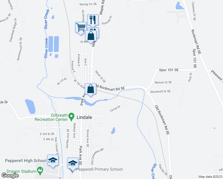 map of restaurants, bars, coffee shops, grocery stores, and more near 1 Old Rockmart Road Southeast in Lindale