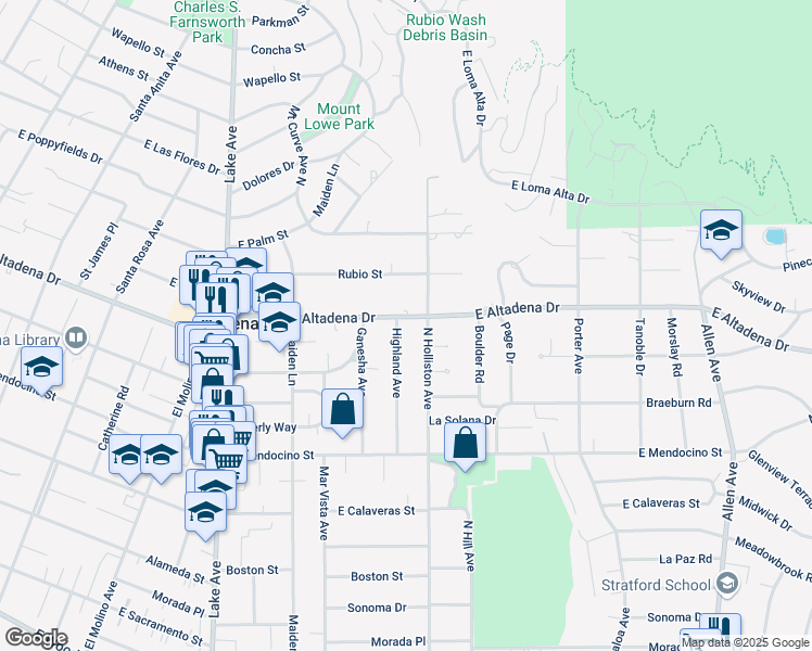 map of restaurants, bars, coffee shops, grocery stores, and more near 2539 North Holliston Avenue in Altadena