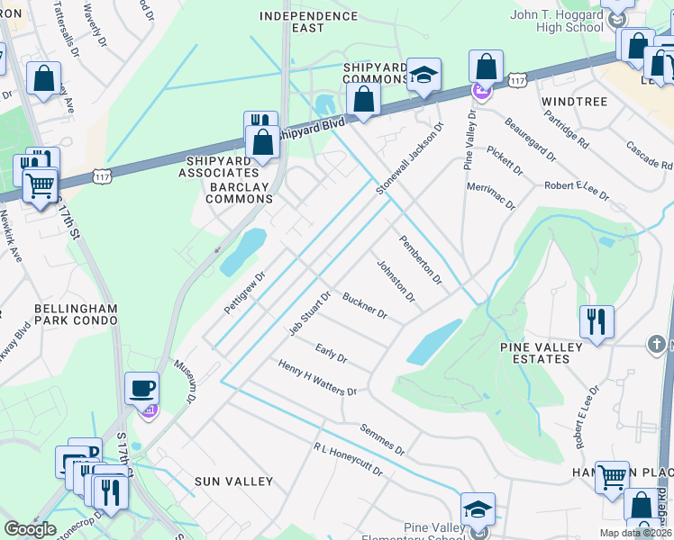 map of restaurants, bars, coffee shops, grocery stores, and more near 200-298 Buckner Drive in Wilmington