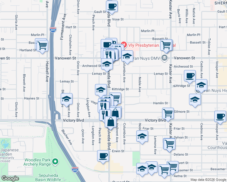 map of restaurants, bars, coffee shops, grocery stores, and more near 15240 Kittridge Street in Los Angeles
