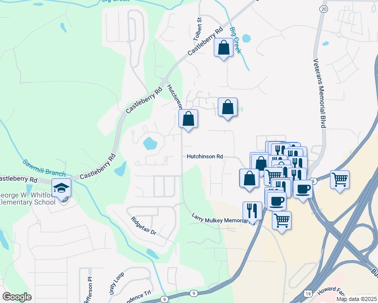 map of restaurants, bars, coffee shops, grocery stores, and more near 3410-3482 Hutchinson Road in Cumming
