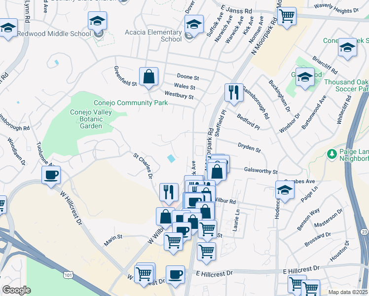 map of restaurants, bars, coffee shops, grocery stores, and more near 865 Warwick Avenue in Thousand Oaks