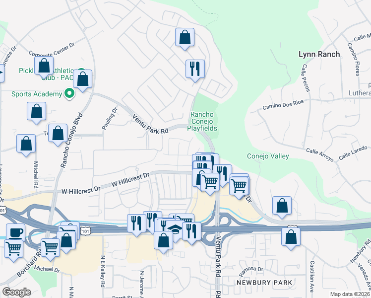 map of restaurants, bars, coffee shops, grocery stores, and more near 803 Green Valley Drive in Thousand Oaks