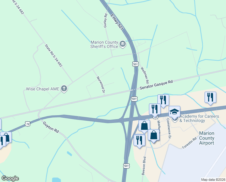 map of restaurants, bars, coffee shops, grocery stores, and more near 2210 Senator Gasque Road in Marion