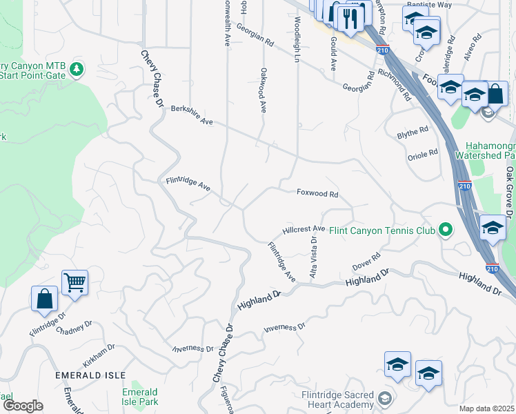 map of restaurants, bars, coffee shops, grocery stores, and more near 861 Flintridge Avenue in La Cañada Flintridge