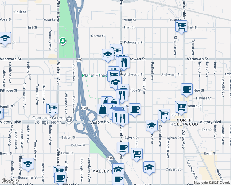 map of restaurants, bars, coffee shops, grocery stores, and more near 6501 Laurel Canyon Boulevard in Los Angeles