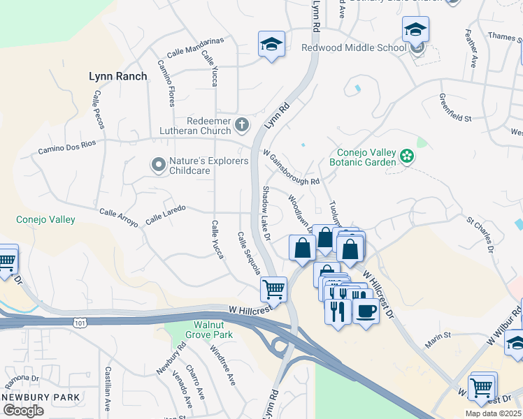 map of restaurants, bars, coffee shops, grocery stores, and more near 809 Shadow Lake Drive in Thousand Oaks