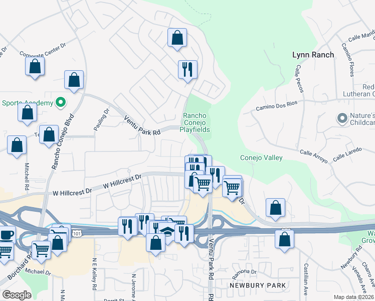 map of restaurants, bars, coffee shops, grocery stores, and more near 1574 Glenbrock Lane in Thousand Oaks