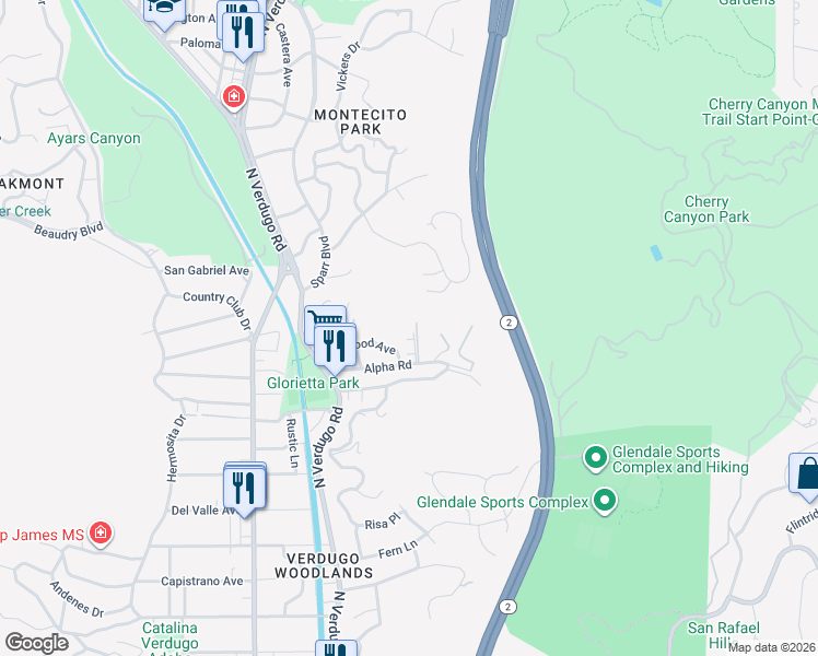 map of restaurants, bars, coffee shops, grocery stores, and more near 1881 Alpha Road in Glendale