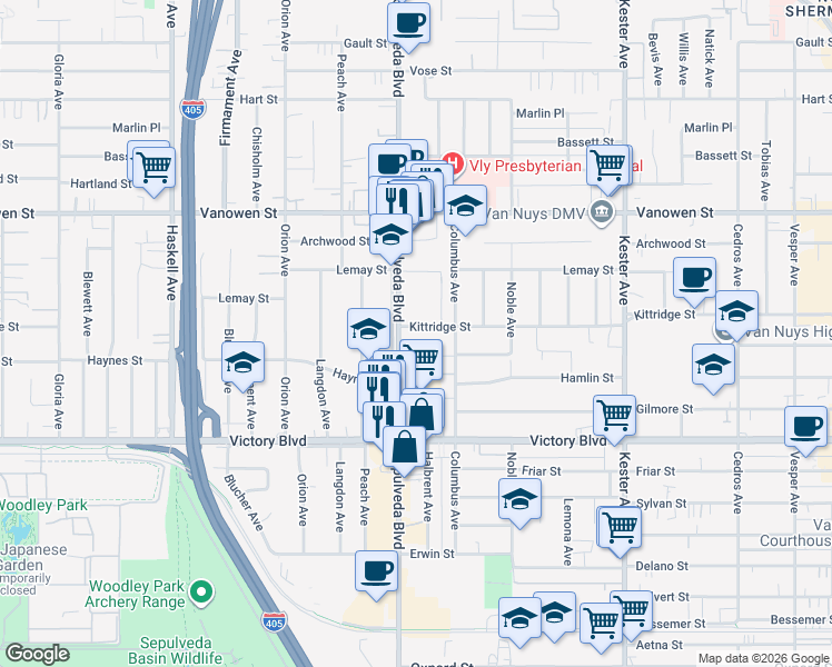 map of restaurants, bars, coffee shops, grocery stores, and more near 15240 Kittridge St in Van Nuys