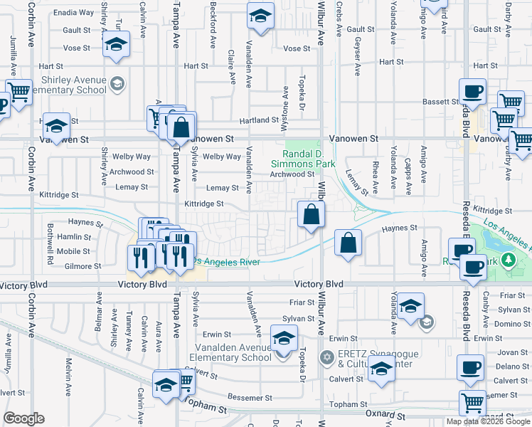 map of restaurants, bars, coffee shops, grocery stores, and more near 19036 Kittridge Street in Los Angeles