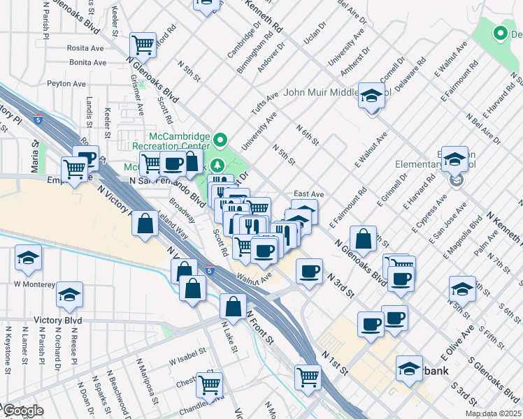 map of restaurants, bars, coffee shops, grocery stores, and more near 230 Bethany Road in Burbank