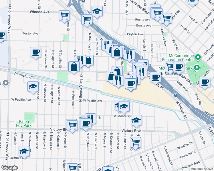 map of restaurants, bars, coffee shops, grocery stores, and more near 1830 North Lincoln Street in Burbank