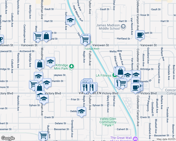 map of restaurants, bars, coffee shops, grocery stores, and more near 6536 Nagle Avenue in Los Angeles