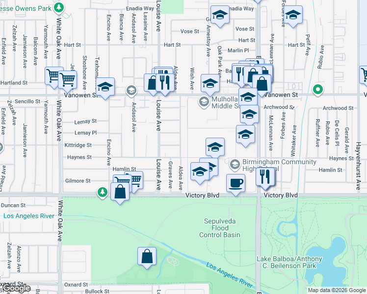 map of restaurants, bars, coffee shops, grocery stores, and more near 6530 Aldea Avenue in Los Angeles