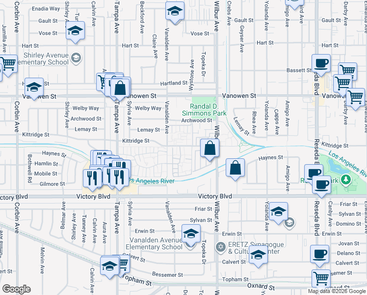 map of restaurants, bars, coffee shops, grocery stores, and more near 19036 Kittridge Street in Los Angeles