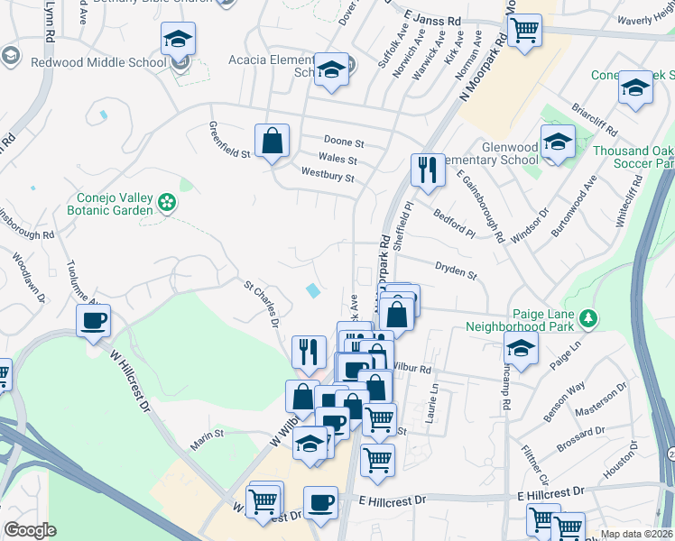 map of restaurants, bars, coffee shops, grocery stores, and more near 865 Warwick Avenue in Thousand Oaks