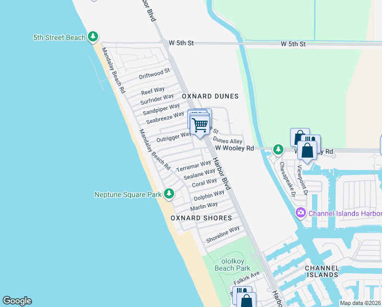 map of restaurants, bars, coffee shops, grocery stores, and more near 5033 Terramar Way in Oxnard
