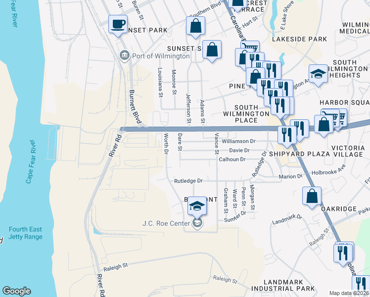 map of restaurants, bars, coffee shops, grocery stores, and more near 205 Calhoun Drive in Wilmington