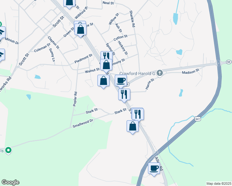 map of restaurants, bars, coffee shops, grocery stores, and more near 573 South Elm Street in Commerce