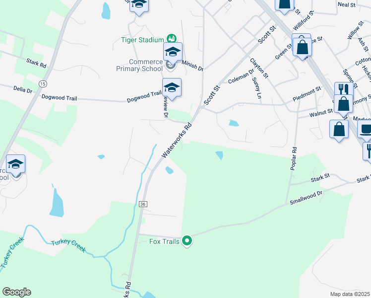map of restaurants, bars, coffee shops, grocery stores, and more near 675 Waterworks Road in Commerce