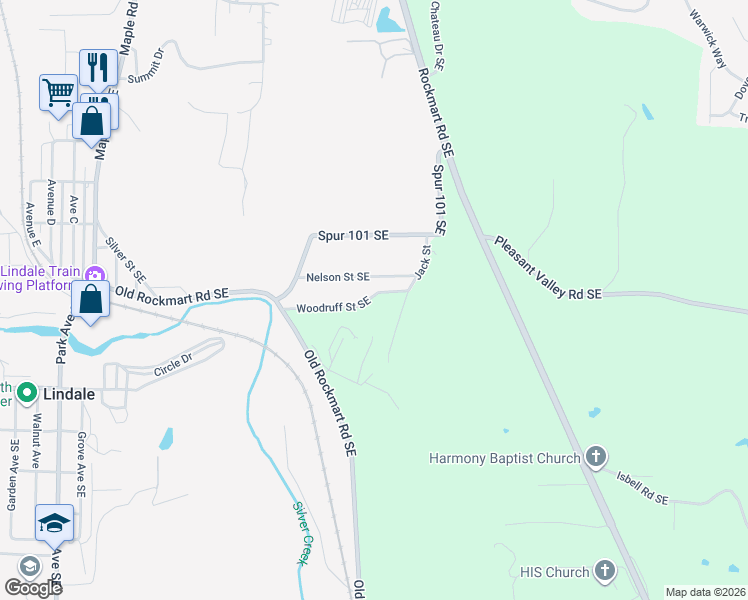 map of restaurants, bars, coffee shops, grocery stores, and more near 63 Woodruff Street Southeast in Silver Creek