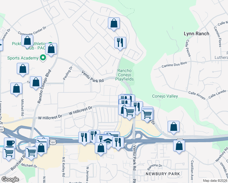 map of restaurants, bars, coffee shops, grocery stores, and more near 803 Green Valley Drive in Thousand Oaks