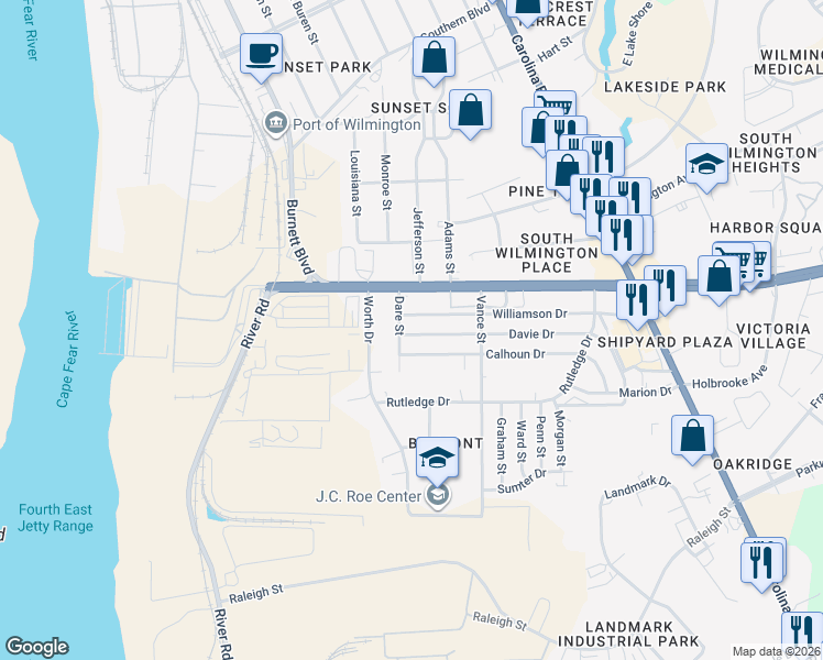 map of restaurants, bars, coffee shops, grocery stores, and more near 205 Calhoun Drive in Wilmington