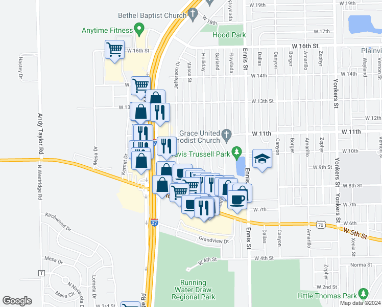 map of restaurants, bars, coffee shops, grocery stores, and more near 3602 West 10th Street in Plainview