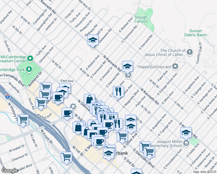 map of restaurants, bars, coffee shops, grocery stores, and more near 610 East Harvard Road in Burbank