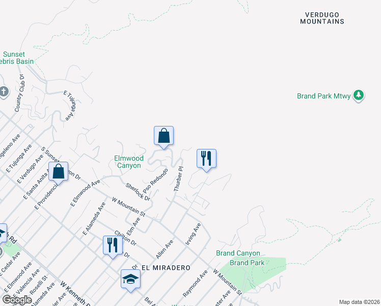 map of restaurants, bars, coffee shops, grocery stores, and more near 1798 Thurber Place in Burbank