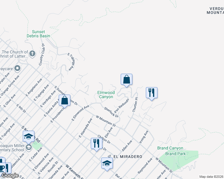 map of restaurants, bars, coffee shops, grocery stores, and more near 1258 East Elmwood Avenue in Burbank