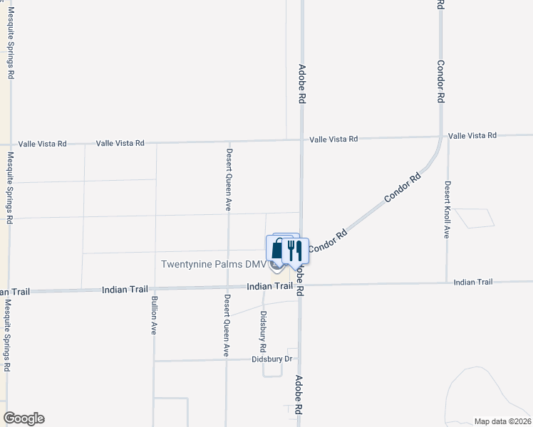 map of restaurants, bars, coffee shops, grocery stores, and more near 73645 Foley Drive in Twentynine Palms