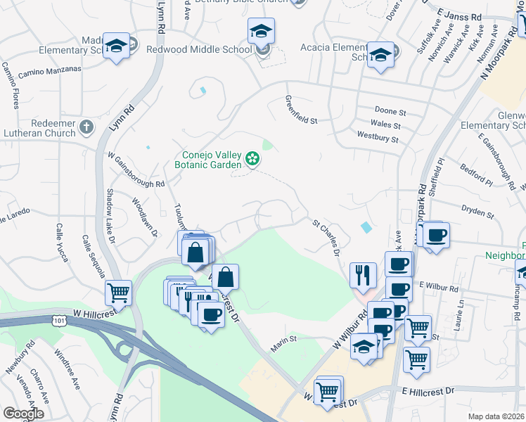 map of restaurants, bars, coffee shops, grocery stores, and more near 290 Sequoia Court in Thousand Oaks