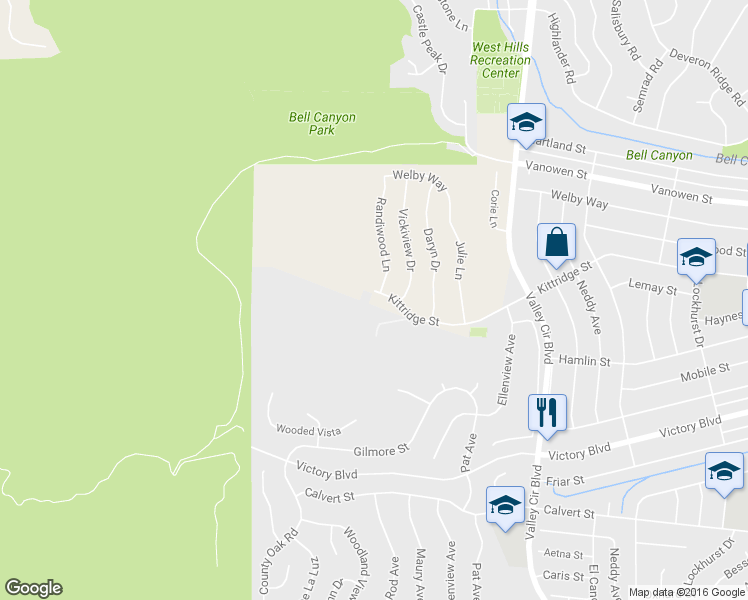 map of restaurants, bars, coffee shops, grocery stores, and more near 24630 Kittridge Street in Los Angeles County