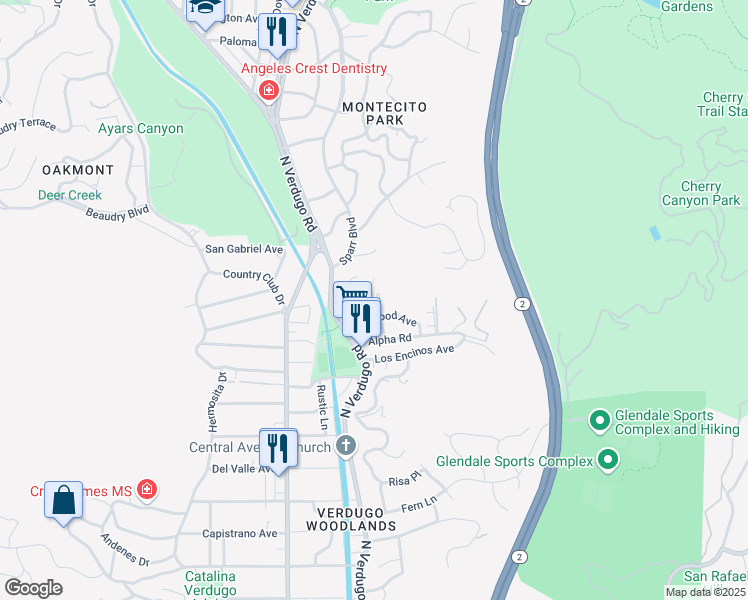 map of restaurants, bars, coffee shops, grocery stores, and more near 2950 Oak Glen Road in Glendale