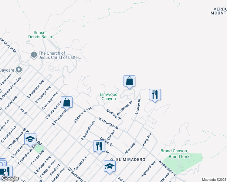 map of restaurants, bars, coffee shops, grocery stores, and more near 1258 East Elmwood Avenue in Burbank