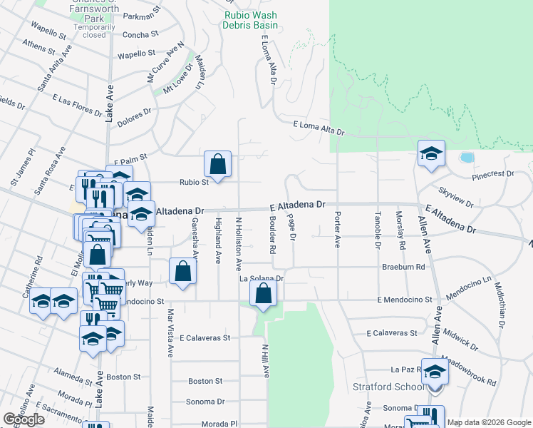 map of restaurants, bars, coffee shops, grocery stores, and more near 2629 Boulder Road in Altadena