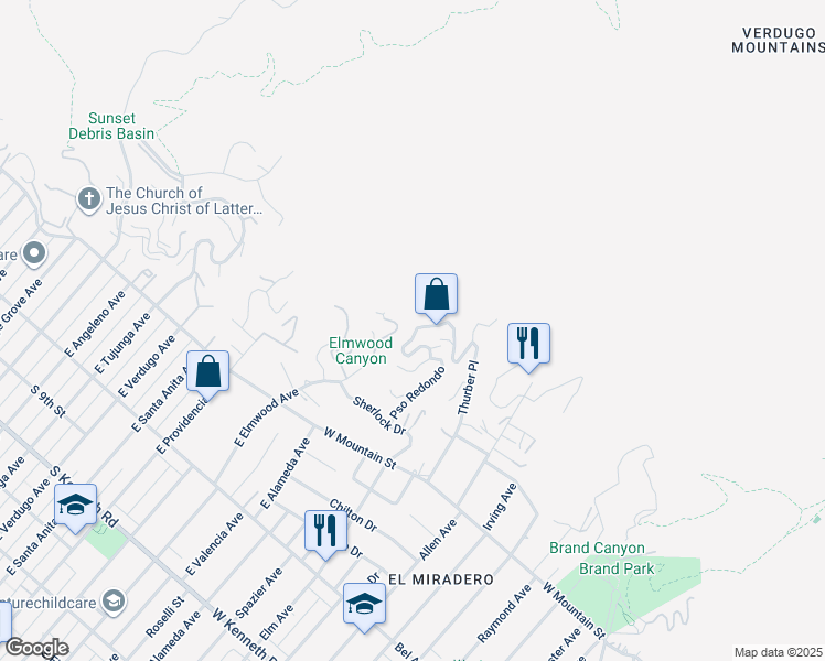 map of restaurants, bars, coffee shops, grocery stores, and more near 1369 Paseo Redondo in Burbank