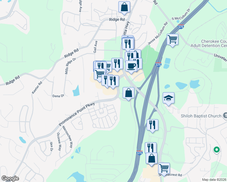 map of restaurants, bars, coffee shops, grocery stores, and more near 151 Prominence Point Parkway in Canton